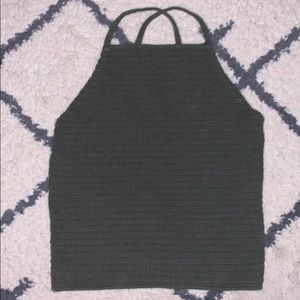 Army green ruffle halter neck shirt.